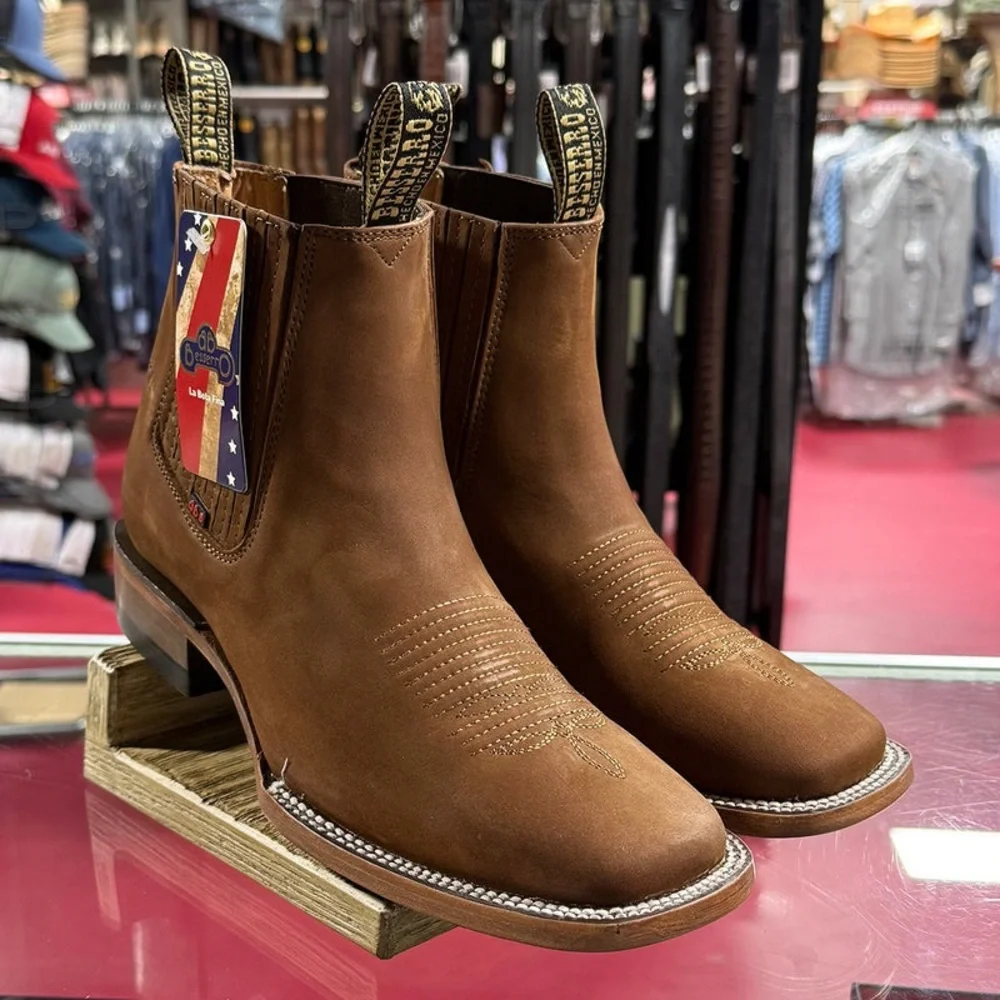 Besserro Brown Nubuck Leather Square-Toe Ankle Boots 38